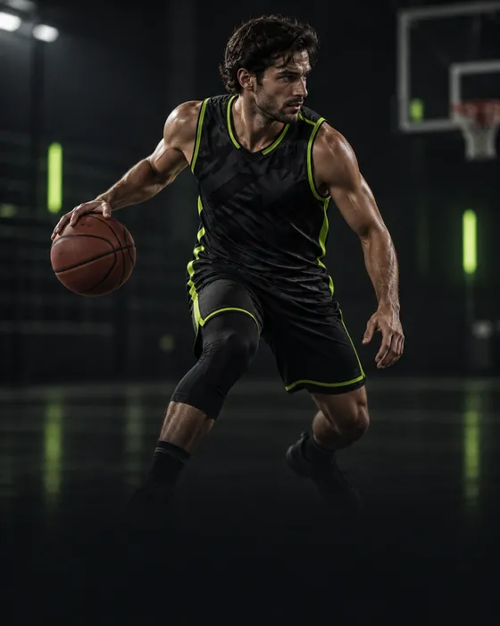 Kolsuz siyah-neon basketbol forması giymiş, potaya yönelen oyuncu