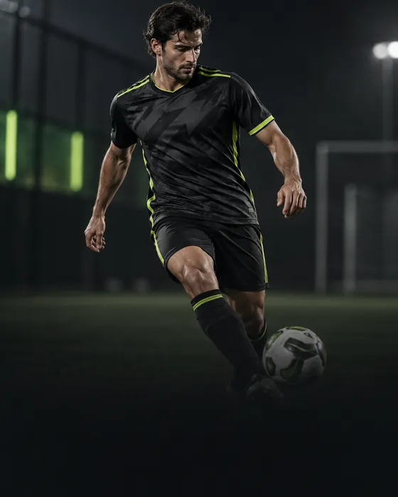 Siyah-neon futbol forması giymiş, çim sahada topa vuran oyuncu