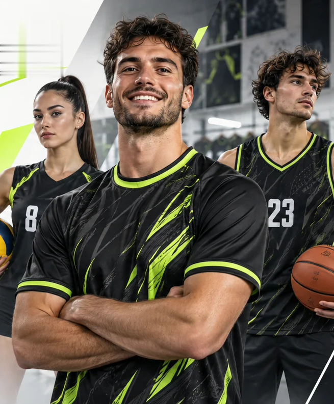 Takıma özel tasarlanmış siyah-neon futbol, voleybol ve basketbol formaları giymiş üç sporcu